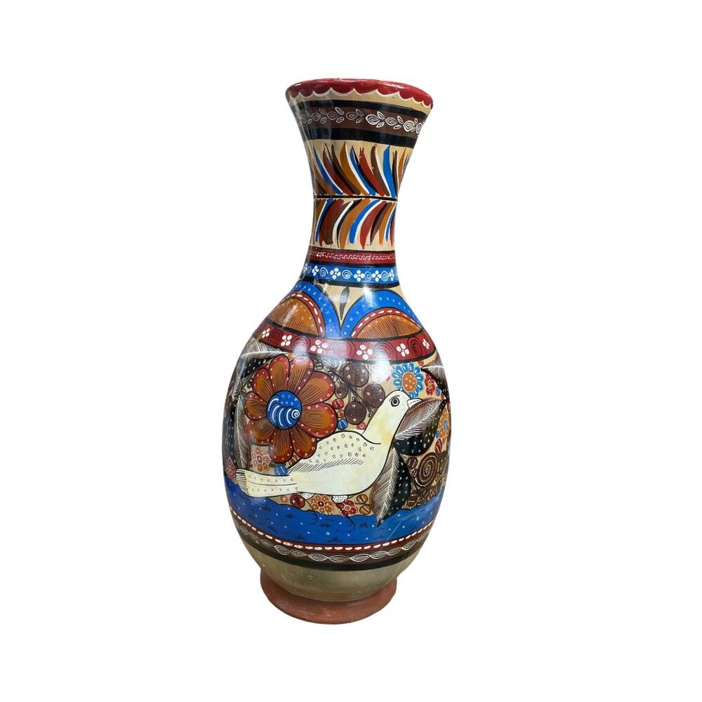 Hand-Painted VTG floral bird Terracotta 15" tall table vase SKU 9812